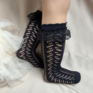 Chaussettes hautes d'été espagnoles avec gros nœud en tulle pour enfants, noir, blanc, résille, genou fin pour bébé fille, avec perles - Product Image 4