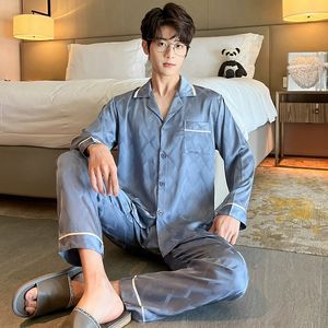 Conjunto de <span class=keywords><strong>Pijamas</strong></span> largos para hombre, primavera Otoño, manga larga, fina, de seda de hielo, de gama alta, Jacquard, talla grande, se puede usar fuera del hogar, traje de ropa - Product Image 3