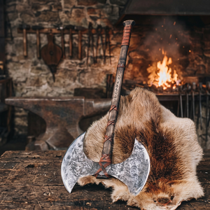 Custom Handmade Viking Double-Blade <b>Axe</b> Carved Runes Industrial Grade Wood <b>Handle</b> Hatchet 4 Cutting Edge 950mm Overall Length 1 - Product Image 3