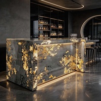 Îlot de cuisine en granit Pandora avec éclairage LED, comptoir en pierre naturelle, table îlot cascade de luxe sur mesure pour villa et bar à domicile