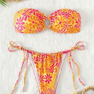 Traje de Baño Personalizado 2025 con Estampado Floral, Traje de Baño de Dos Piezas con Tiras Ajustables y Elásticas, Conjunto de Bikini con Tanga para Mujer - Product Image 5