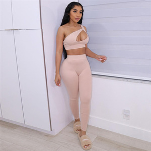 Été <span class=keywords><strong>2022</strong></span>-Top moulant à épaules inclinées et pantalon de sport taille haute-Pantalon sexy 2 pièces-Ensemble pour femmes - Product Image 4
