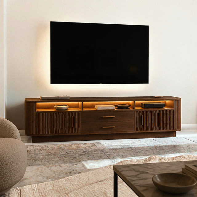 Modern European Midcentury Fluted Media Console with Sliding Doors Customizable Color Size for Living Room Bedroom TV Stand Led