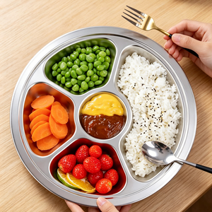 FLEY – Nouveauté : <span class=keywords><strong>Plateau</strong></span> de service rond en acier inoxydable à cinq compartiments épaissis pour cantines scolaires et restauration rapide - Product Image 3