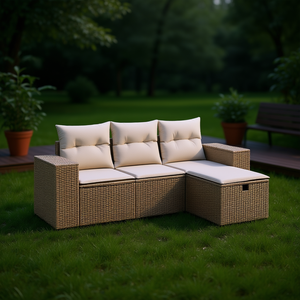 Ensemble de canapés de jardin en polyrotin moderne beige, mobilier d'extérieur modulaire avec coussins en mousse haute densité - Product Image 2