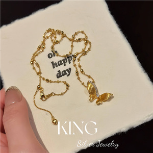Collier en argent KING avec perles, pendentif papillon plaqué or en argent S925, bijoux de mode pour femmes - Product Image 4