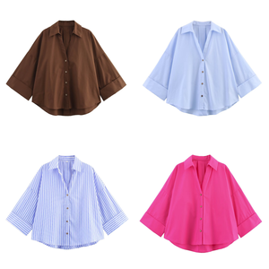 Fabricants de vêtements : Blouses et chemises pour femmes, hauts amples, chemisier à col revers et col en V à simple boutonnage, chemise unie élégante et décontractée pour femmes - Product Image 3