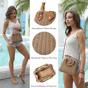 Bolso de Mano de Paja <span class=keywords><strong>Tejida</strong></span> con <span class=keywords><strong>Asa</strong></span> Superior de Bambú, Elegante, con Cierre Magnético, Diseño Portátil <span class=keywords><strong>para</strong></span> Viajes, Uso en Exteriores, Bolso de Noche - Product Image 3