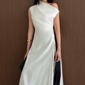 Custom <b>High</b> Quality Summer Ladies' Strapless Sleeveless Contrasti Contrasting Black and White Spliced <b>Split</b> Fitted Maxi <b>Dress</b> - Product Image 2