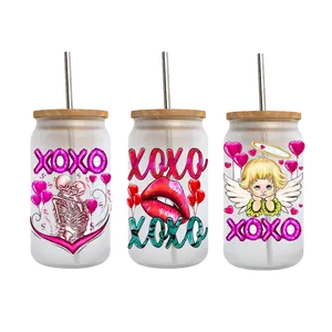 1000 modèles personnalisé uvdtf Libbey verre peut mignon xxoo saint valentin couple amour 16oz Uv dtf tasse wrap transferts