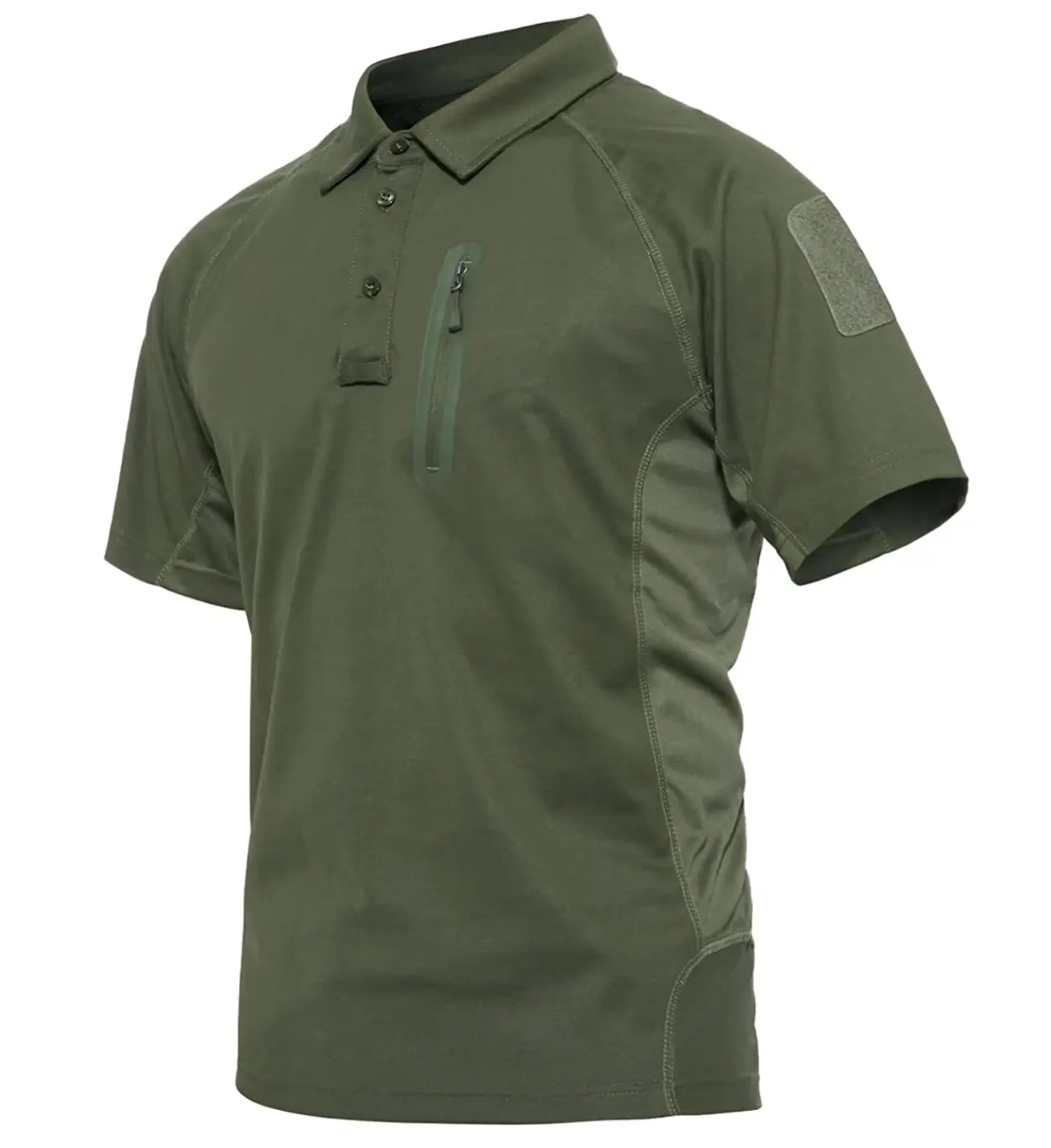 Men's Green Combat T-Shirt Summer Short Sleeve Golf Polo Shirts with Zipper Pockets