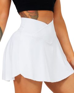 Women <strong>White</strong> Custom logo v Cut Crossover High Waisted Athletic Golf <strong>Skorts</strong> 2 in 1 Sports <strong>Tennis</strong> Skirts With Pockets - Product Image 3
