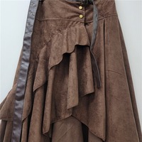 Jupe trapèze asymétrique marron en similicuir suédé pour femme, style rétro Y2K, avec volants et ceinture en cuir, taille haute, collection Printemps-Été 2026 (vente en gros)