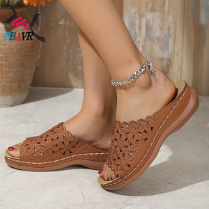 Sandalias de Plataforma con Cuña para Mujer, Tallas Grandes, Diseño Floral Calado, Cómodas, Antideslizantes, para Verano - Product Image 4