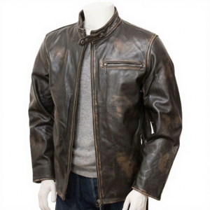 <b>Mens</b> Real Brown Leather <b>Jacket</b> Distressed Stand Collar Zip Chest Pocket Sheepskin Dark <b>Biker</b> Coat Custom Vintage Winter Outer - Product Image 1