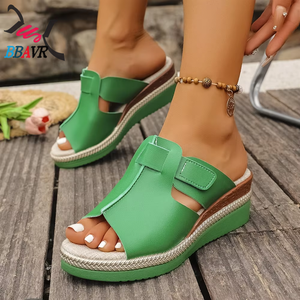 Sandalias de cuña para mujer al por mayor de fábrica, de PU, con punta abierta, decorativas, informales, para verano - Product Image 2