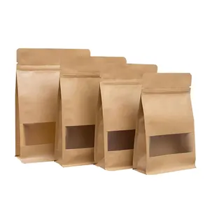 Low Price Custom Recyclable Food Grade Brown Kraft Paper Stand up Zipper Pouch Flat Bottom Paper Bags With matt Window