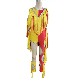 Yellow Red Dance Leotard Adult Child Jazz Sequin Dance Costume 1 Leg Pant Tassel Stage Performance Gymnastics Suit