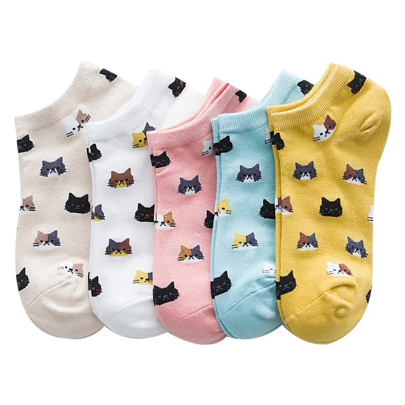 5 Pairs New Korean Edition Socks Children's Cotton Colorful Cartoon Cat Head Small Fresh Women's Boat Socks