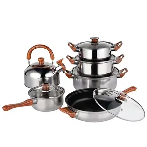 Set panci Stainless Steel, panci masak Stainless Steel, Set peralatan memasak 12 buah dengan ketel, peralatan masak anti lengket