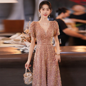 Elegant Sequined Evening Gown For Women V-Neck A-Line Mid-Length Champagne Color Hostess Dress Natural Waistline - Product Image 2