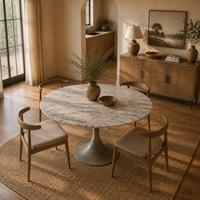 Table à manger ronde en marbre Tulip, plateau en pierre veinée blanche avec base en piédestal métallique pour cuisine et salle à manger modernes