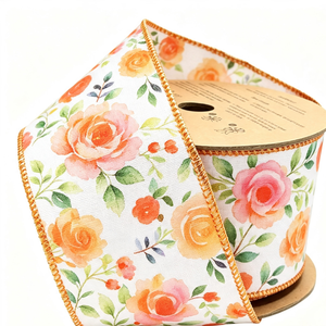 Warm Tones 100% Polyester <b>Wired</b> <b>Ribbon</b> 2 1/2" Custom Length Colorful Floral Printed Shrink-Resistant 20 Yard Roll Spring - Product Image 1