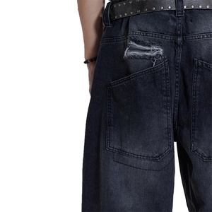 Jean cargo baggy droit tendance de haute qualité, noir délavé, en denim épais déchiré aux genoux, taille basse, coupe ample - Product Image 4