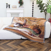 Maßgefertigte Vintage Rustikale Katzen- & Fisch-Jacquard Gewebte Baumwoll-Tragbare Wandteppich-Decke mit Fransen im Landhausstil