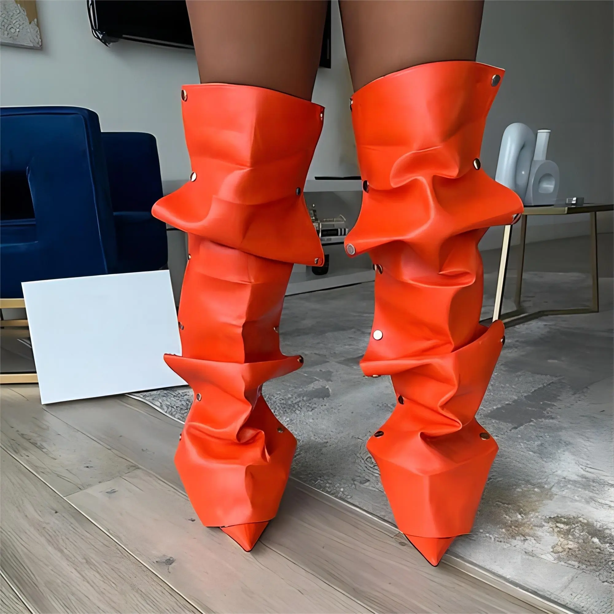 SHIKOL rose vif Orange métal Rivets chaussures plissées amples femmes bottes talons hauts personnalisé luxe bottes longues dames bottes hautes