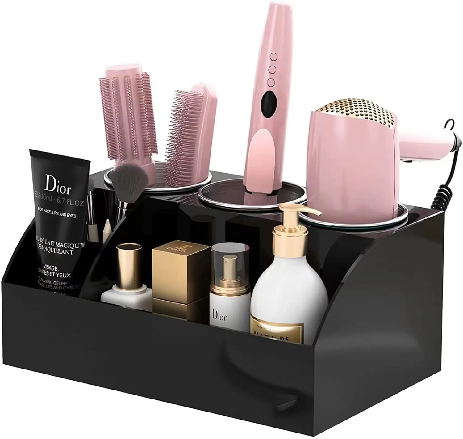Acrylic storage stand for makdeup accessories hair tool organizer with 3 removable steel cups