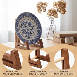 Wooden <b>Plate</b> Display <b>Rack</b> Brown Rectangle Removable Desktop Decor Holder For Books And Miscellaneous Items - Product Image 3