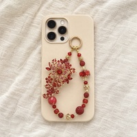 Lujoso Colgante para Teléfono con Flores Rojas y Cuentas, Llavero de Cristal con Pedrería Dorada, Colgante para Bolso, Joyería Hecha a Mano al por Mayor