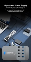 Hub USB 3.0 10 en 1 con Adaptador de Corriente de 12V 4A, Interruptor Individual, 4 Puertos de Carga Rápida de 5Gbps, Plug & Play para Laptop, Computadora de Escritorio y Mac