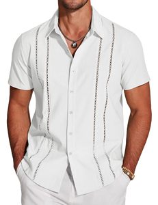 Camisa de Hombre de Manga Corta Estilo <span class=keywords><strong>Guayabera</strong></span>, Tela de Lino, Cierre de Botones, Informal de Playa para Verano, Ligera - Product Image 4
