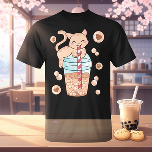 T-shirt promotionnel Kawaii Chat Boba Tea Anime Japonais Neko avec motif chat mignon et thé aux bulles - Product Image 3