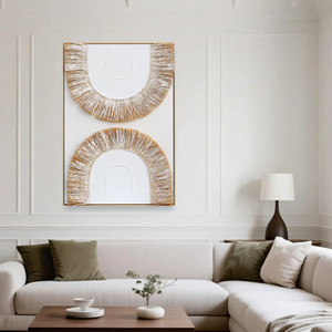 Arte Mural en Relieve Blanco en Forma de Doble U con Borde Dorado, Pinturas Murales de Paisaje con Textura de Paja - Product Image 2