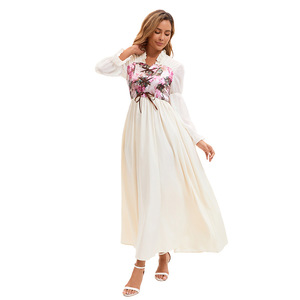 <b>White</b> Apricot Floral Print Chiffon A-Line Empire Waist Evening Dress Scalloped Neckline Long Sleeve <b>Maxi</b> Length - Product Image 4