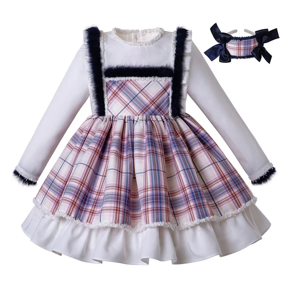 Pettigirl Navidad 2023 invierno otoño ropa para niños blanco a cuadros niñas princesa vestidos de fiesta edad 2-12Y