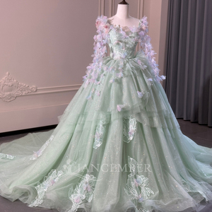 XS293 Glitter Mint Green <b>Ruffle</b> Evening Ball Gown <b>Dresses</b> With Sleeve - Product Image 3