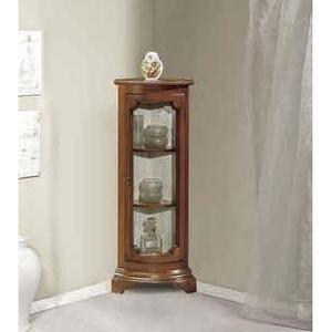 Vetrina d'angolo antica con sfondo Stoffa e 2 ripiani in legno per salotti - Product Image 1