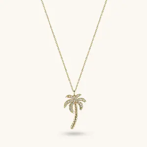psj customized Hawaiian Palm Coconut Tree Necklace 14k gold plated s925 sterling silver zircon pendant for women