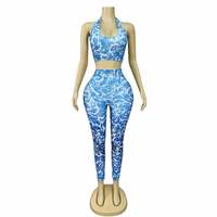AD2686 Ensemble deux pièces sexy et élastique avec gilet et pantalon orné de strass bleus, imprimé floral, idéal pour les soirées, les spectacles et les événements estivaux