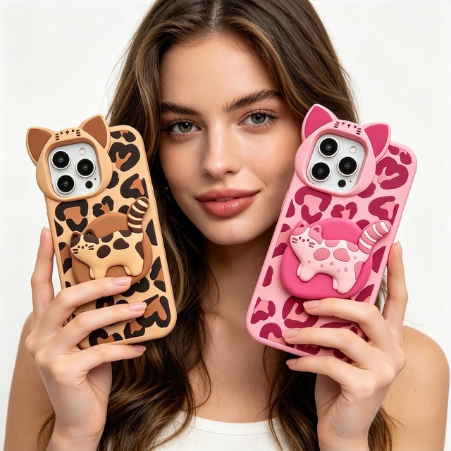 Cute Leopard Print Heart Cat Stand Phone Case for iPhone 12 13 14 15 16 Pro Max Soft Silicone Protective Cover