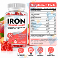 Gummies véganes OEM au fer avec complexe B, vitamine C et zinc, saveur pêche naturelle, 60 unités, fabricant de compléments sous marque privée
