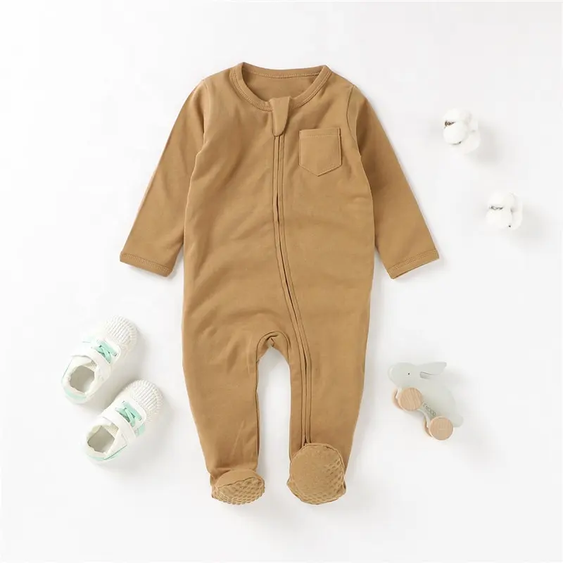 Long Sleeve Two Way Zipper Knitted Heather Gray Footie Organic Cotton Baby Boys' Rompers Baby Toddler Pajamas Autumn