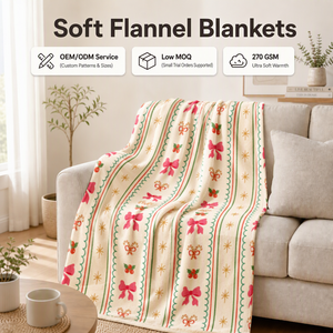 Chăn nỉ flanel in họa tiết Giáng Sinh, nơ ruy băng tùy chỉnh, bán buôn, màu kem sọc, dùng cho ghế sofa, ghế dài tại nhà - Product Image 3