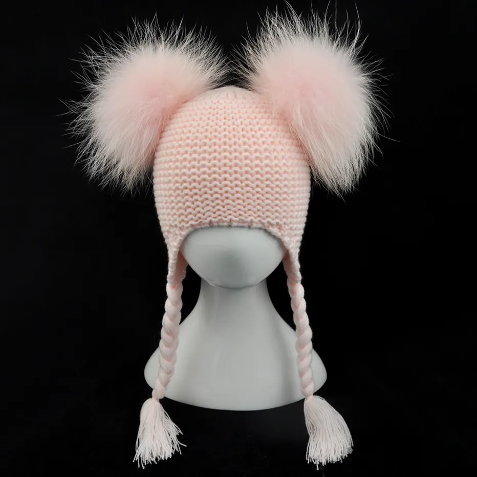 2022 Hot Selling Cheap Cute Winter Hat Two Poms Beanie Baby Girls Pink Fur Hat