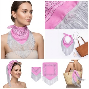 Bandana in Stile Occidentale con Motivo Paisley <span class=keywords><strong>Rosa</strong></span> e Frange Argentate, Sciarpa Triangolare in <span class=keywords><strong>Seta</strong></span> da 50cm per Donna, Accessorio Boho per Feste - Product Image 1