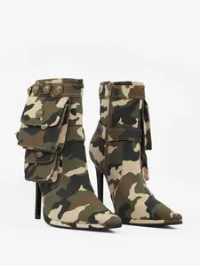 Camouflage Army Green Farbe Stiefel Tasche Kniehohe Stiefel Frauen Stiletto Dünne Absätze Lange Mode Botas Schuhe Lady 44